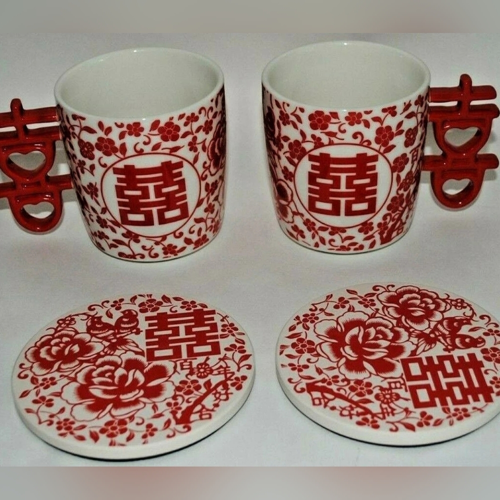 Vintage Chinese Porcelain Cups & Coasters Set